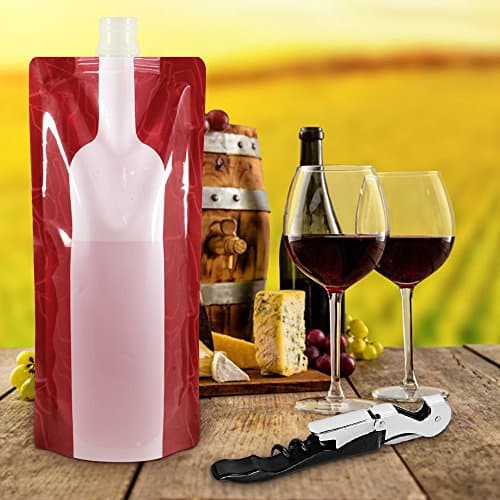 SENHAI Foldable Wine Bag, 750 ml, Portable Reusable Plastic Wine Bottle Pouch, 4 Pack Collapsible Liquid Leak Proof Flask Holder for Wine Liquor Beverages, Travel, Gift - Red — view 3