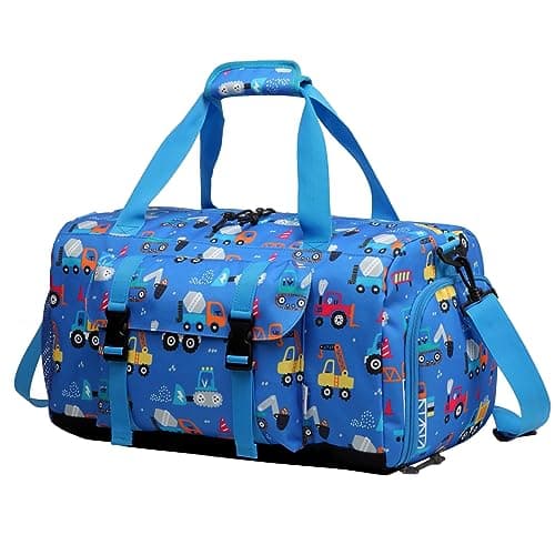 Kasgo 26.5L Kids Travel Sport Duffel Bag - Wet-Dry Shoe Pocket Blue Car