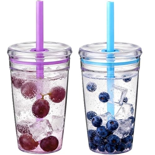 Yisituo 2 Pack 450ml Clear Plastic Iced Coffee Travel Cups, Reusable with Lids and Straws, for Cold Hot Beverages (2, Purple, Blue)