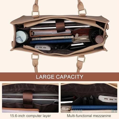MOSISO Laptop Tote Bag, 15.6 inch PU Leather Laptop Bag, Apricot — view 5