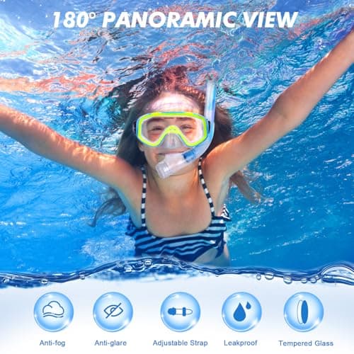 KUYOU Kids Snorkel Set Dry Top Snorkeling Gear,180°Panoramic Wide View Swimming Diving Mask for Kids Youth Boys Girls Junior Age 5-12 (Blue+Yellow) — view 2