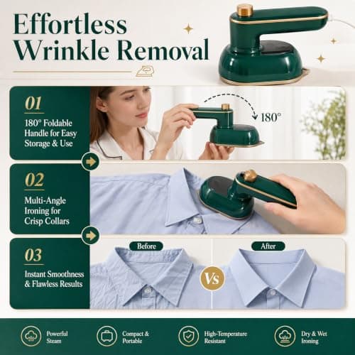 Travel Steam Iron, Foldable Mini Steam Iron Handheld, Travel Steamer for Clothes Supports Wet and Dry Ironing, 15s Fast Heat Up, Portable Steamer Iron for Home and Travel — view 4