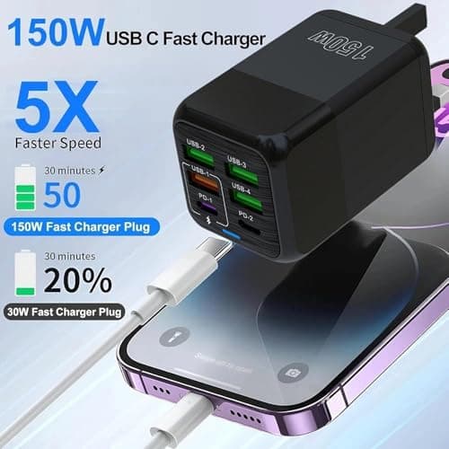 BAAQII Multi Port 150W Flash Quick Charger 4USB+2PD 6 Port PD Cable Fast Charging 5V 3A USB Type C Power Adapter for Iphone Android Samsung Xiaomi Huawei — view 2