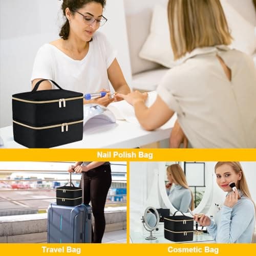LOPHE Double-Layer Nail Polish Organiser, Double-Layer Travel Bag Storage Bags for 30 Bottles Nail Polish Lipstick and Nail Lamp, Portable Vanity Case with Nail Supplies Storage Sections (Black) — view 5
