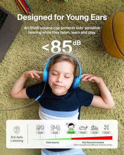 Belkin SoundForm Mini Kids Wired Headphones with USB-C to 3.5mm Dongle, Built-in Mic & Fun Stickers, 85dB Max Volume – for Online Learning, Travel, Compatible with iPhone, iPad, Galaxy, etc - Blue — view 2