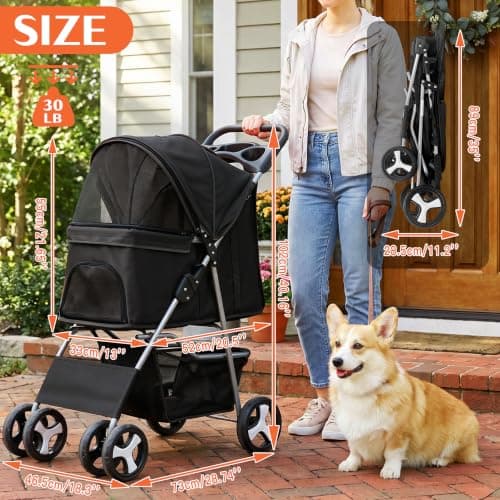 display4top Pet Travel Stroller Dog Cat Pushchair Pram Jogger Buggy with 4 Wheels (Black) — view 2
