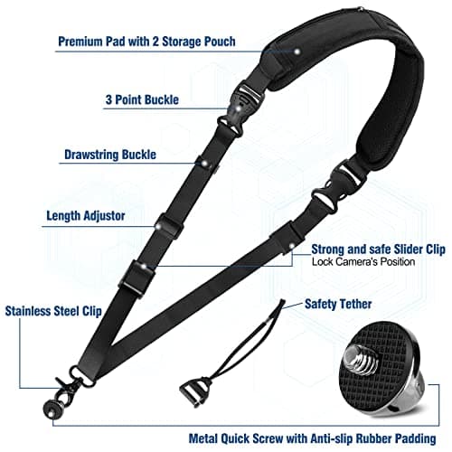 KTUEOV Camera Strap Quick Release, Camera Shoulder Strap Adjustable with Safety Tether Non-slip Wide Nylon Strap 2 Pockets and 2 Retainers, Crossbody Camera Strap Padded for DSLR Camera(Black) — view 2