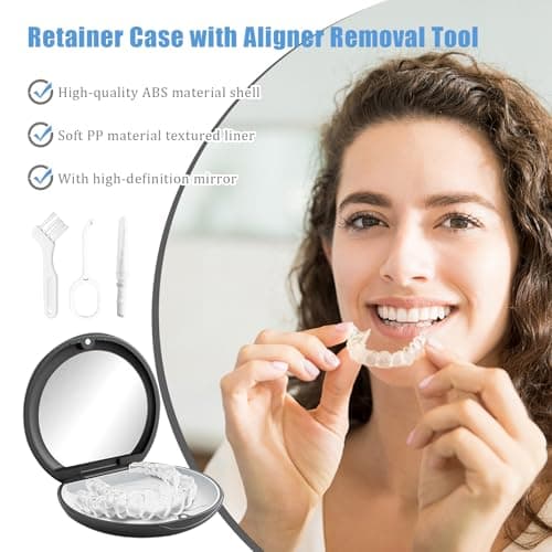 3 Pack Retainer Case Magnetic Aligner Case Compatible with Invisalign Mouth Guard Cases with 2 Removal Tools & 4 Brush Portable Slim Travel Cute Orthodontic Retainer Box (Black+Pink+Blue) — view 3