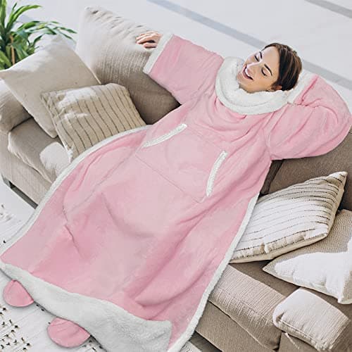 PAVILIA Fleece Blanket with Sleeves, Foot Pockets for Women Men Adults, Plush Wearable Blanket Throw Wrap, Warm Snuggle Blanket Robe, Cozy Gift Ideas Wife Mom, Light Pink — view 3
