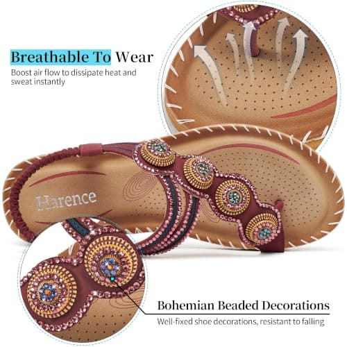 HARENCE Flat Sandals for Women Comfortable: Dressy Summer Bohemian Beaded Toe Ring Shoes - Zero Foot Pain for Casual Walking, Wine Red, 4 UK — view 5
