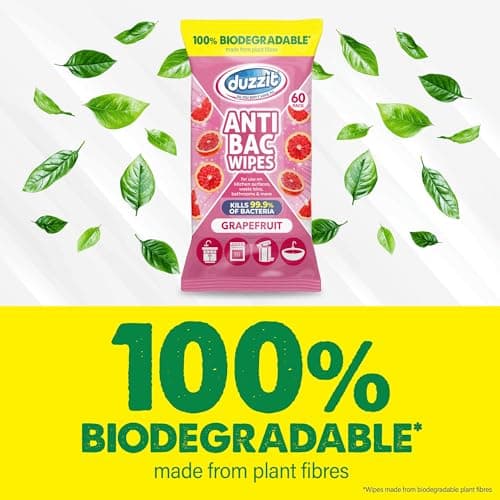 Duzzit Antibacterial Wipes - Kills 99.9% of Bacteria | 100% Biodegradable - Made From Plant Fibres | Anti Bac Wipe for Kitchen Surfaces, Waste Bins, Bathrooms & More (60 Wipes, Grapefruit) — view 3