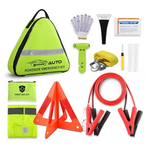Car Emergency Kit for New Drivers | Essential Roadside Tools with Jump Leads, Tow Rope, Safety Hammer, Warning Triangle & Mini First Aid Kit (Bright Green)