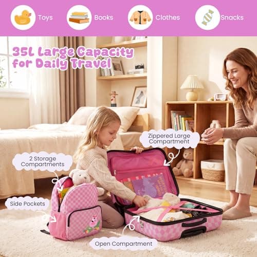 HOMFME 2PCS Kids Luggage Set, 46cm Children Ride on Suitcase (Pink, Bird) — view 2