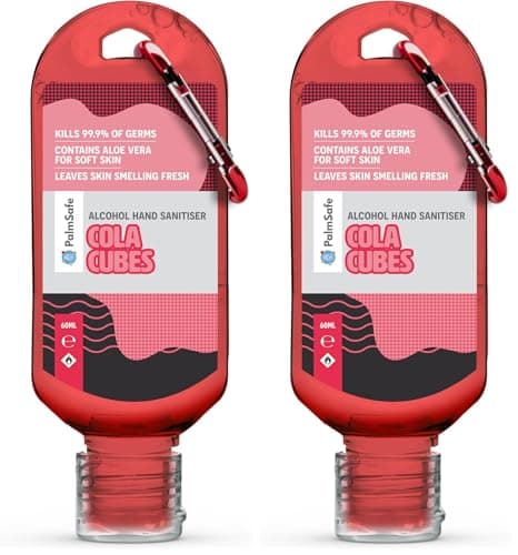 Palm Safe Cola Cubes 60ml Anti Bacterial Premium Hand Sanitiser Travel Size Refillable Clip Bottle Quick Drying Non Sticky Extra Moisturising Kills 99.9% of Viruses and Bacteria (Pack of 2)