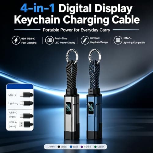 Aimisite 4 in 1 USB C Keychain Charger Cable, 65W Fast Charging Short Braided Data Cord with LED Display USB C/USB A to Lightning & Type-C for Phone Tablet Laptop — view 2