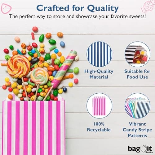 Bag It Plastics Candy Stripe Paper Sweet Bags | Gold | 5" x 7" / 125x175mm | Pack of 100 | Multipurpose Use for Sweets, Popcorn, Wedding Favours, Pick and Mix & Cookies! — view 3