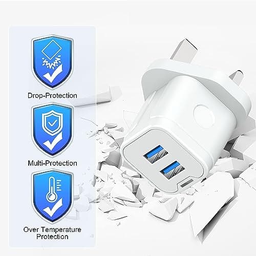 ZIPENDAR USB Plug,Dual USB Charger Plug Adaptor UK 3 Pin Mains Charger Double Port 5V 2Amp Phone Charging Plug Compatible with iPhone 16 15 14 13 12 11 Pro Max 10 XS X XR 8 7 6 6S Plus 5 SE 2020,iPad — view 3