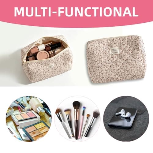 2 Pcs Small Cosmetic Bag, Rose Floral Canvas Makeup Bag, Multifunctional Travel Toiletry Bag, Flower Printing Corduroy Pencil Case for Women Girls Birthday Gift (Pink Flower) — view 4