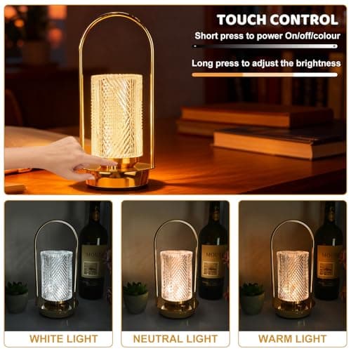 CECOMBINE Cordless Table Lamp Rechargeable - Protable Metal Gold Table Lamps, Crystal Lantern Table Lamp Touch Lamp, 3 Color Stepless Dimming Battery Operated Lamp for Indoor Outdoor Camping (Gold) — view 2