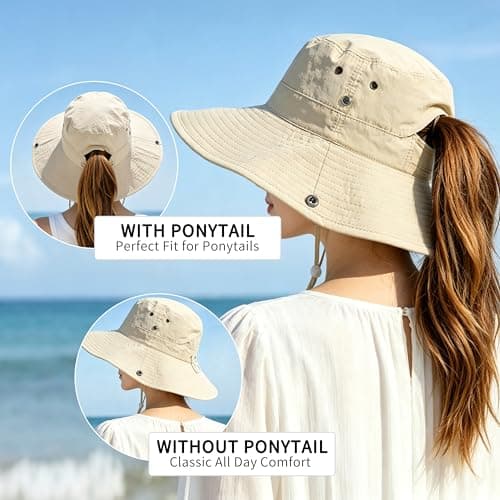CATMEYE Packable Sun Hat for Women Men, Wide Brim UV Protection Safari Fishing Hat, Lightweight Breathable Nylon Outdoor Hat for Beach, Hiking & Travel, Beige (Beige) — view 3