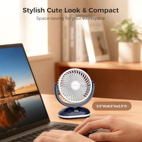 TriPole 4000mAh Rechargeable Desk Fan 31H Runtime, 4 Speed Portable USB Fan with LED Display, Battery Operated Ultra Quiet Table Fans, Head Adjustable for Office, Bedroom, Camping, Travel (Navy Blue) — view 4