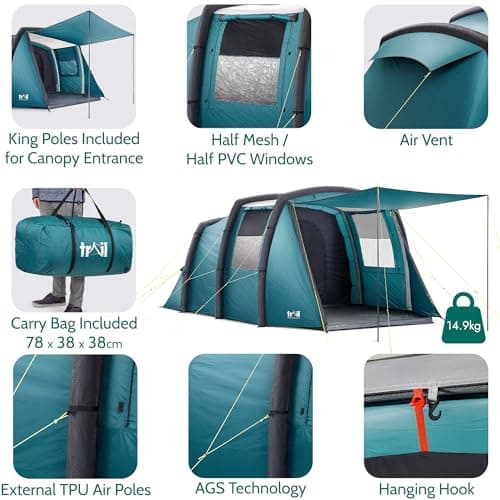 Trail Brazen Inflatable 4 Man Air Tent with Living Area, Family Camping Tunnel Tent, 5000mm Waterproof, Dark Zone Bedroom, Safety Purge Pump and Bag (L455cm x W270cm x H195cm) — view 5
