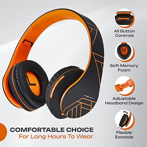 PowerLocus Bluetooth Over-Ear Headphones, Wireless Stereo Foldable Headphones Wireless and Wired Headsets with Built-in Mic, Micro SD/TF, FM for iPhone/Samsung/iPad/PC - Black/Orange — view 2