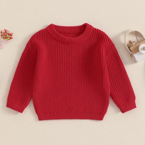 Geagodelia Toddler Baby Boy Girl Warm Sweater Long Sleeve Crew Neck Solid Color Knitted Pullovers Tops Knit Jumpers Sweatshirt Chunky Knitwear Fall Winter Clothes Outfits (Red, 2-3 Years) — view 3