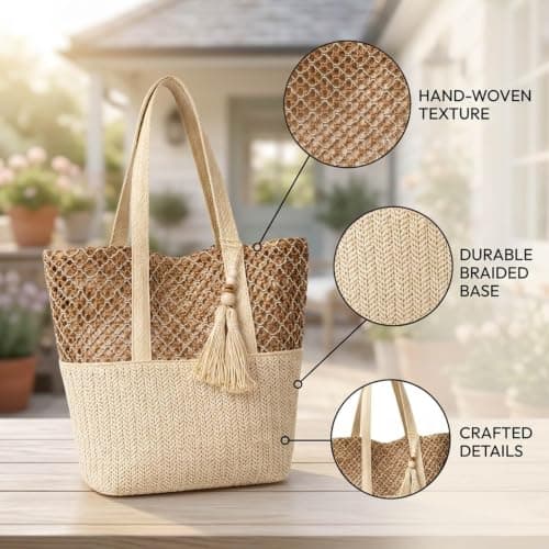 QhgPnt Straw Woven Beach Shoulder Bags, Straw Beach Bag with Zip Closure, Summer Bags for Foldable Women, Straw Bags for Travel Vacation Shopping Picnic, Straw Bags Summer Bag for Outdoor Use — view 4