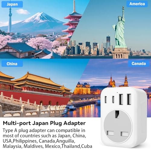 5 IN 1 UK to Japan Plug Adapter,Japan Travel Adapter with 2 USB C and 2 USB A Ports, 1 AC Outlet, 100V-240V, Type A Travel Adapter for USA, China, Mexico, Canada — view 5