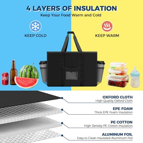 Waflyer Cooler Bag, Large Insulated Reusable Grocery Shopping Bag, Heavy Duty Food Delivery Bag, Collapsible Cool Bag with Durable Handles and Dual Tab Zips for Shopping Camping Family BBQ Picnic — view 2