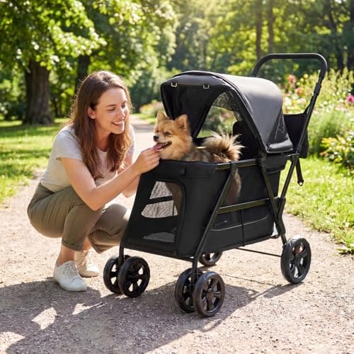 Maxmass Pet Stroller, Travel Dog Buggy with Adjustable Canopy, Safety Belt, Dual Entry and Ramp, Foldable Puppy Pushchair for Small Medium Dogs Cats — view 3