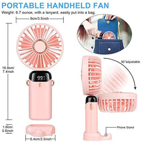 LYMYBETY Portable Handheld Fan, 4000mAh Mini USB Rechargeable Fan with Digital Display, Small Personal Pocket Fans with 5 Speeds, Hand Held Fans with Lanyard and Base for Home Travel (Pink) — view 2