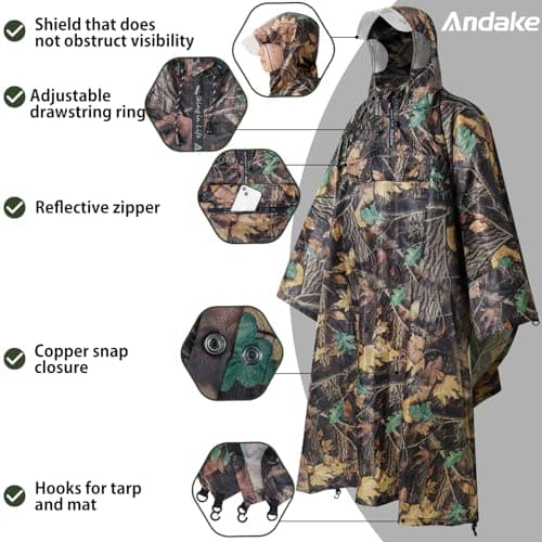 Andake Rain Poncho Waterproof Adult, Lightweight Reusable Raincoat Women Men Unisex with Hood for Hiking, Camping, Outdoor Activities (Tree camo) — view 6