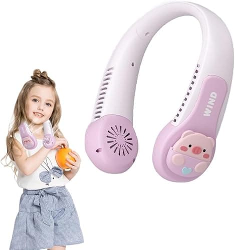 GINGER TECH Portable Neck Fan for Kids, 1800mAh Cartoon Bladeless Neck Fan for Girls, 3 Speed Adjustable, USB Rechargeable Wearable Neck Cooler for Kids Girls Students Outdoor Indoor (Purple)