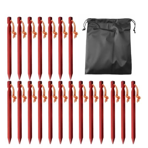 Aluminium Tent Pegs Heavy Duty, 20 Pack Red Camping Ground Pegs with Reflective Ropes and Carry Bag, 18cm Metal Tent Stakes, for Beach Hiking Tarps Hammock Outdoor Use