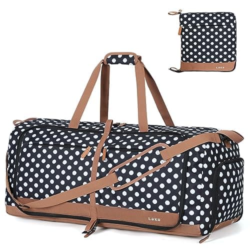 Lekesky Large Foldable Travel Duffe Bag - 80L Waterproof Holdall Luggage Bag with Shoes Compartment, Weekend Overnight Sports Bag for Women and Men(White Dots, 72 * 33 * 34cm)