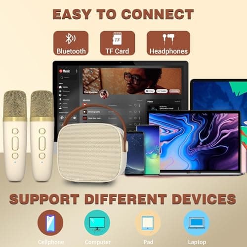 GOHAPHE Karaoke Machine for Kids, Rechargeable Mini Karaoke Machine with 2 Microphones and Voice Changing Effects, Bluetooth Karaoke Speaker for Party, Home, KTV, Travel (Beige) — view 3