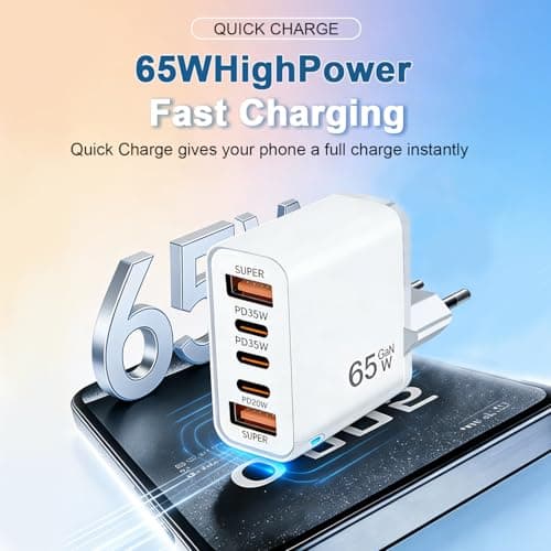 EU Travel Adapter Charger, 65W Power Plug with Multiple Ports, Supports Simultaneous Fast Charging for 2 Devices, with 3 USB-C and 2 USB-A Ports, European Wall Plug, for iPhone/Samsung Fast Charging — view 3