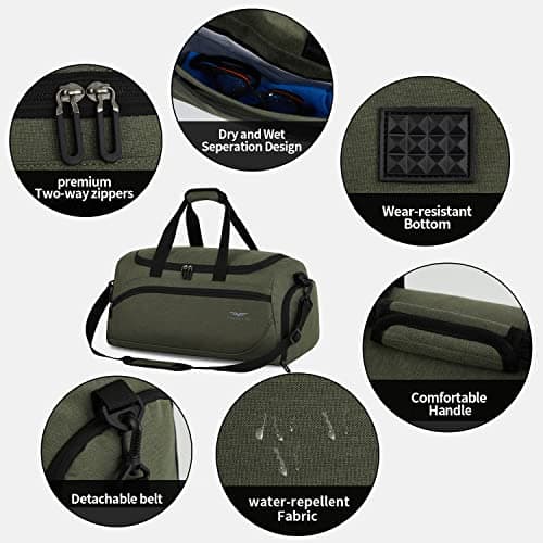 FIORETTO 35L Mens Sports Gym Bag with Wet Pocket & Shoe Compartment,Travel Duffle Bag Overnight Bag with Padded Shoulder Strap, Water-Resistant Sports Holdall for Swimming, Basketball Army Green — view 6