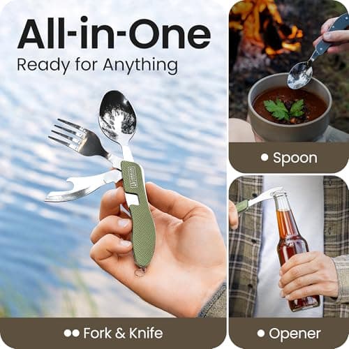 ORBLUE 4-in-1 Camping Cutlery Set 2-Pack – Stainless Steel Foldable Spoon Fork Knife Bottle Opener with Pouch – Portable Travel Cutlery & Camping Utensils for Hiking & Outdoor Use – Olive Green — view 2