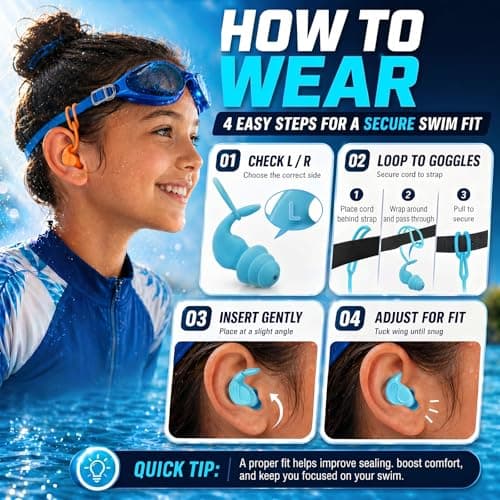 Kids Swim Ear Plugs - 4 Pairs Waterproof Silicone Earplugs for Children 5-14 Years with Detachable Cord, 2 Wearing Styles, Attaches to Goggles, Reusable Ear Protection for Pool, Swimming Lessons — view 3