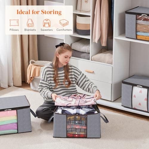 Lifewit 50L Clothes Storage Bags Large Storage Box With Lid Packing Boxes for Moving House With Reinforced Handle Thick Fabric Clear Window for Clothes Duvet Blankets Bedding, 3 Pack, Light Grey — view 6