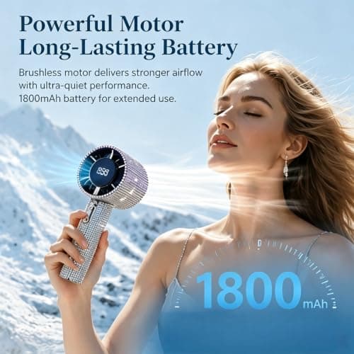 Glitter Diamond-Design Handheld Fan, Portable Turbo Fan with 100-Speed Adjustable Airflow, 1800mAh Rechargeable Mini Fan with LED Display, Quiet Personal Cooling Fan for Travel Office Outdoor (Silver) — view 6
