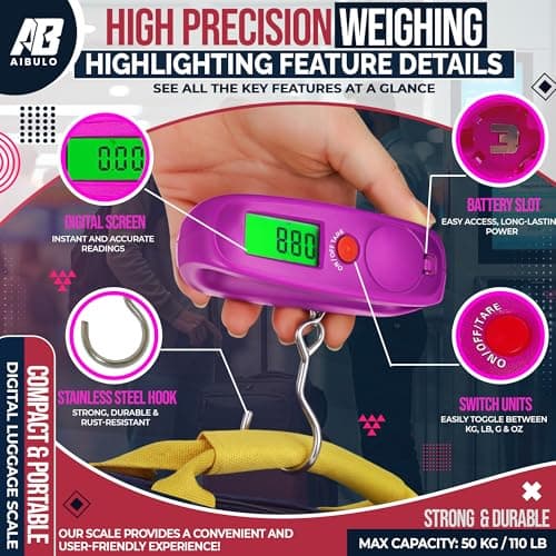 AIBULO 2-Pack Purple Digital Luggage Scale 50kg/110lb – Portable Suitcase Weighing Scale with Backlit LCD, Tare & Auto-Off, 4 Units (g/kg/lb/oz) for Travel, Airport & Parcel Use — view 3