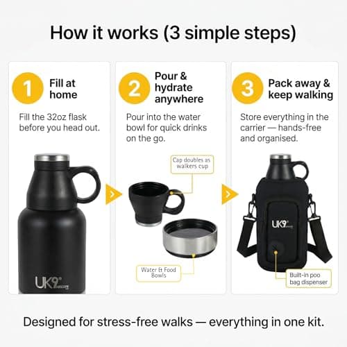UK9 6-in-1 Dog Water Bottle | Portable 32oz Stainless Steel Travel Bottle with Water Bowl, Snack Bowl, Poo Bag Dispenser, Cup & Carry Bag | Dog Walking Accessories Kit — view 3
