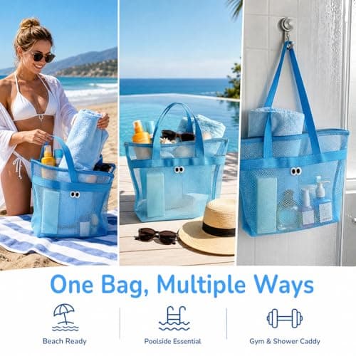 QWEPU Mesh Beach Bags, 2PCS Lightweight Large Pool Beach Tote Bag, Portable Mesh Beach Tote Bag Mesh Sand Bag Mesh Beach Bag Suitable for Pool, Beach, Travel (blue) — view 5