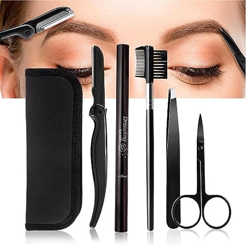 MUNSKT Eyebrow Grooming Kit, 5PCS Stainless Steel Set with Travel Case, Tweezers, Scissors, Eyebrow Pencil, Razor, Eyebrow Brush Comb, Thrush Template for Women Men — view 5