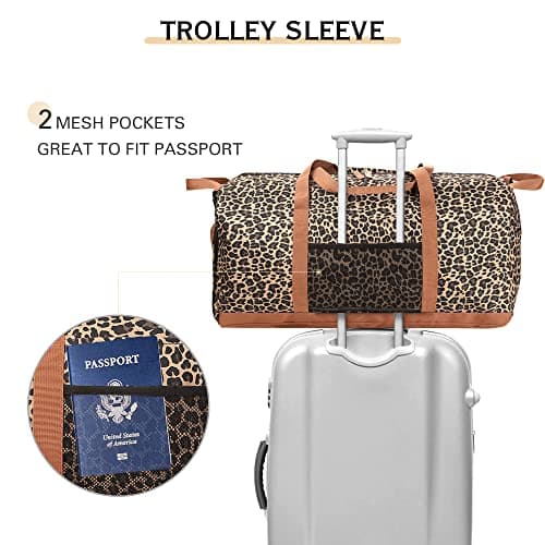 Lekesky Large Foldable Travel Duffe Bag - 80L Waterproof Holdall Luggage Bag with Shoes Compartment, Weekend Overnight Sports Bag for Women and Men(Leopard Print, 72 * 33 * 34cm) — view 4