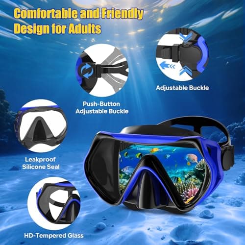 MELUMILU Snorkel Set, Snorkel Mask 180° Panoramic Wide View, Anti-Fog Scuba Diving Gear, Professional Swim Goggles for Free Breathing, Swim, Diving, (Black Blue) — view 3